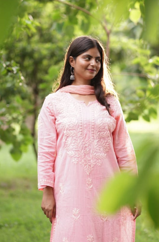Eka Hand Embroidered Pink 3 Piece Cotton Suit Set.