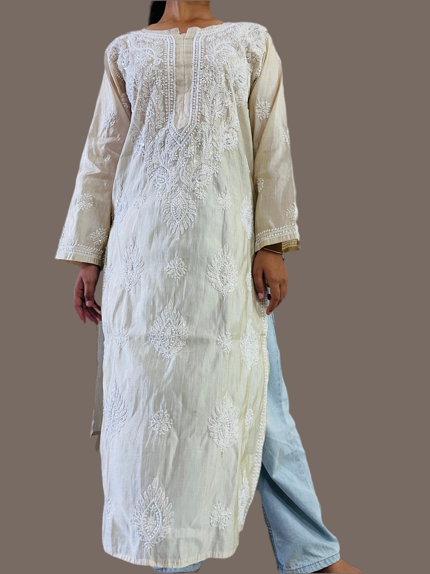 EKA Hand Embroidered Silk Lucknowi Chikankari Kurti.