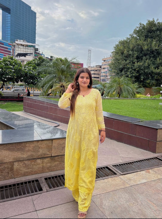 Eka Hand Embroidered Chikankari Yellow Dye Kurti with pant.