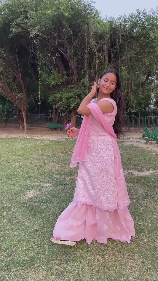 EKA Handcrafted Baby Pink Chikan Sharara Set.