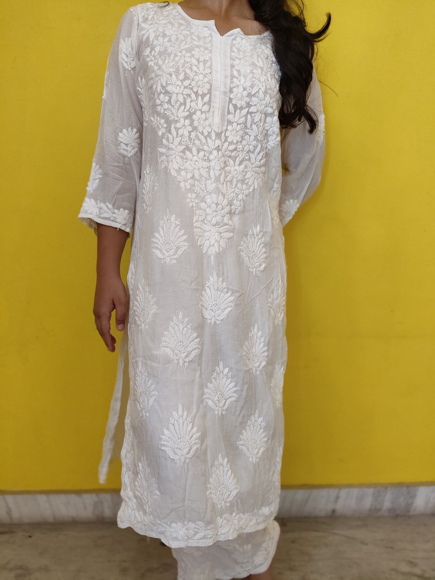 Eka Hand Embroidered Royal White Chikankari Kurti with Pant.