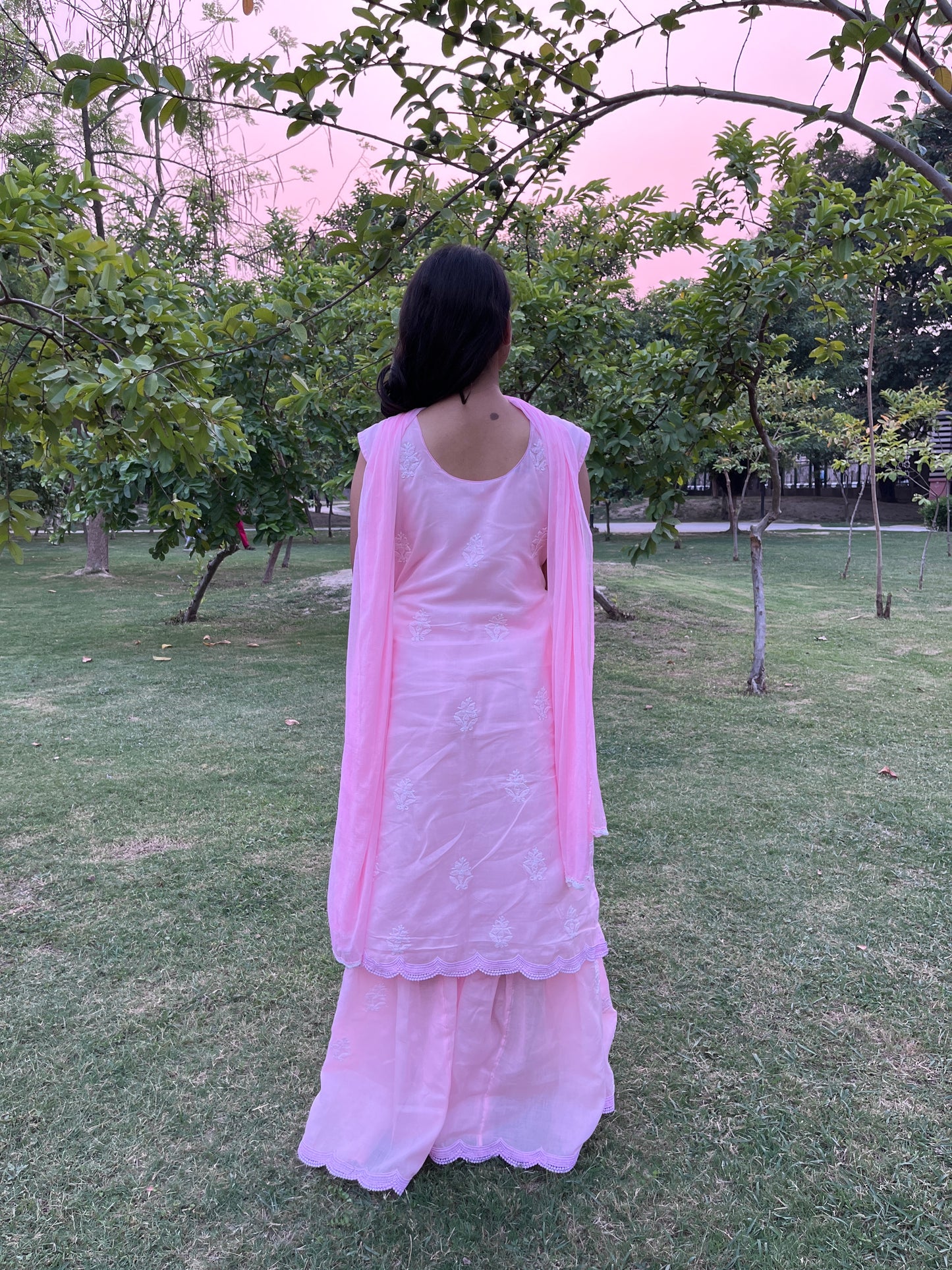 EKA Handcrafted Baby Pink Chikan Sharara Set.