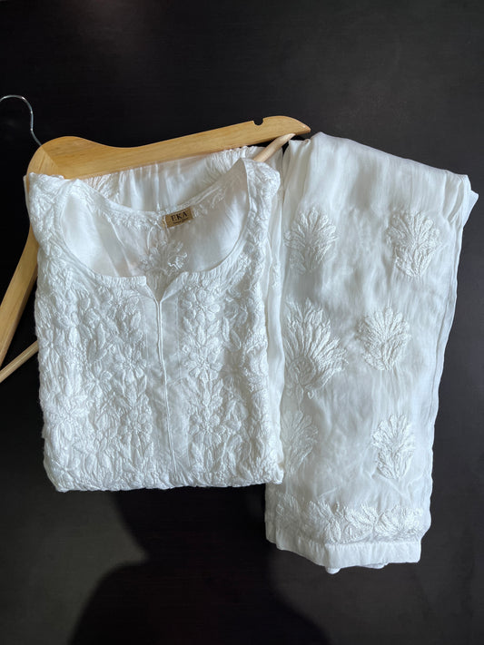 Eka Hand Embroidered Royal White Chikankari Kurti with Pant.
