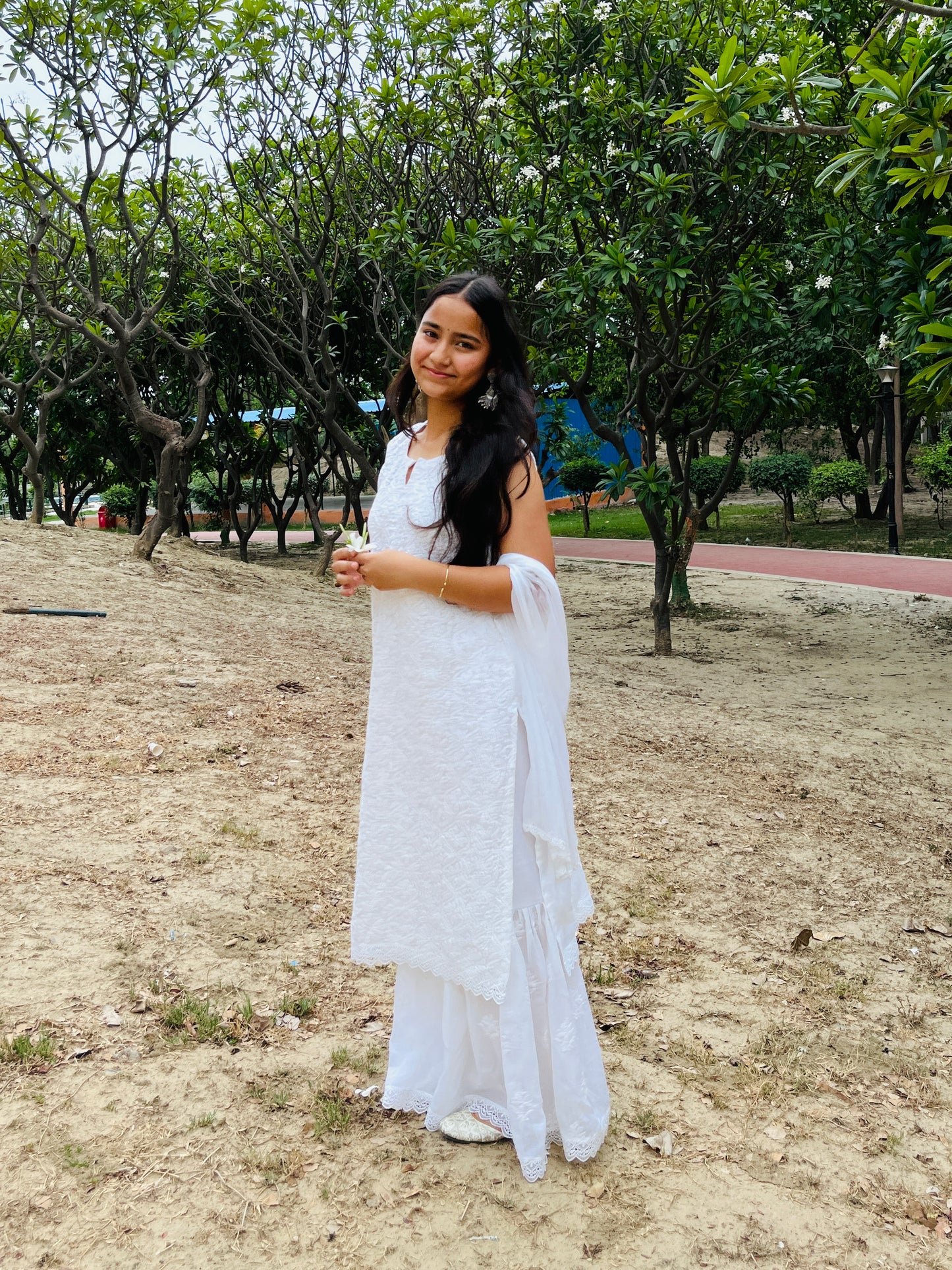 EKA Handcrafted Chikan Royal White Chikan Sharara Set.