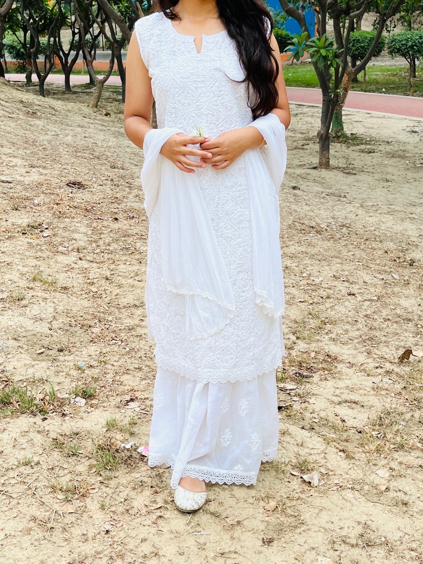 EKA Handcrafted Chikan Royal White Chikan Sharara Set.