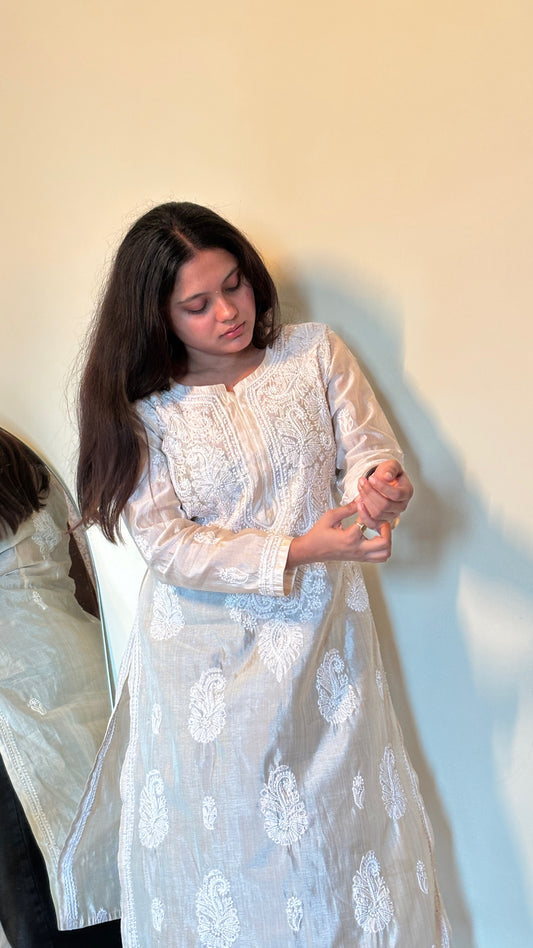 EKA Hand Embroidered Silk Lucknowi Chikankari Kurti.