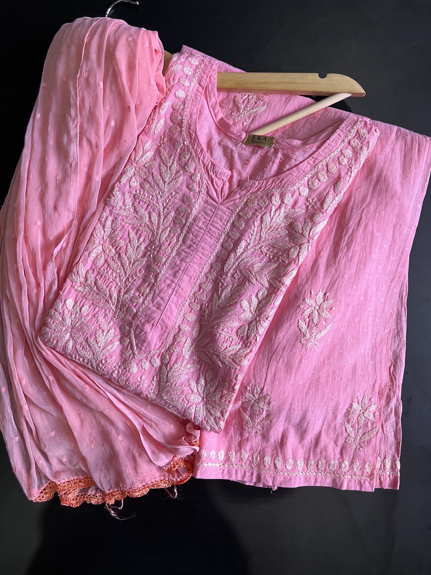 Eka Hand Embroidered Pink 3 Piece Cotton Suit Set.